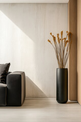Oriental inspired interiors decoration in a luxury apartment with warm colors and light and shadow play. Residential interior design composition with minimal decor.