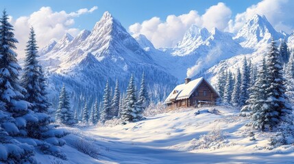 Fototapeta premium Snowy Mountain Cabin with Evergreens and a Clear Blue Sky