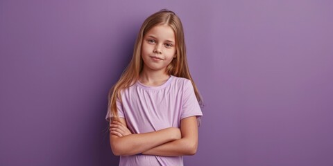 Fototapeta premium A young girl stands with her arms crossed, looking confident and independent