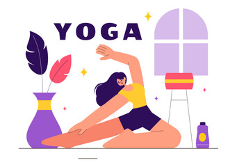 Vector illustration of Yoga and Meditation Practices featuring a Girl Exercising for Health Benefits in a Flat Style Cartoon Background