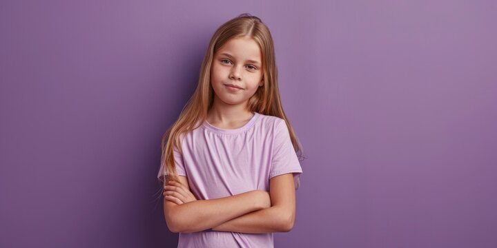 A young girl stands with her arms crossed, looking confident and independent