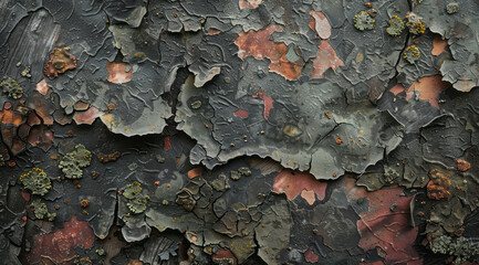 Obraz premium A brown pattern on tree bark contrasts with dark gray and crimson tones, offering a panoramic view with dark gray and green elements.