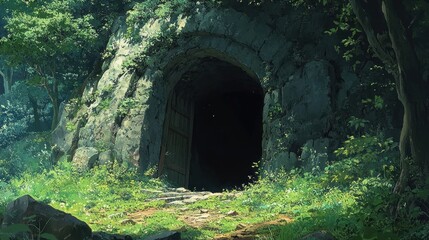 A Stone Archway Leading Into a Dark Forest