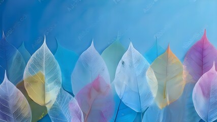 Autumn transparent leaves over blue background
