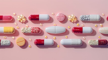Colorful assortment of capsules and tablets arranged on a soft pink background