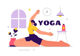 Vector illustration of Yoga and Meditation Practices featuring a Girl Exercising for Health Benefits in a Flat Style Cartoon Background