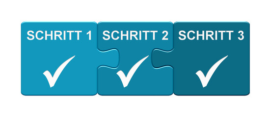 Puzzle Button mit 3 Teilen: Schritt 1, Schritt 2, Schritt 3