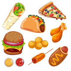 Vector fast food set in flat style. Pizza, hamburger, shawarma, tacos, chicken legs in batter, potato balls, sausage in dough and sauces. World food day illustration