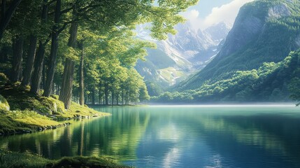 Naklejka premium Tranquil Lake Surrounded by Lush Forest and Majestic Mountains