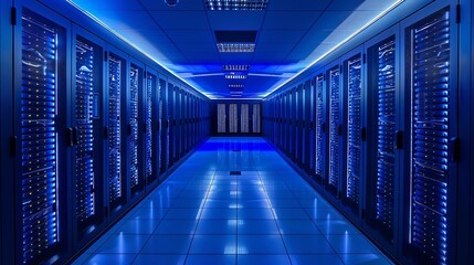 Server Room Interior With Blue Lights