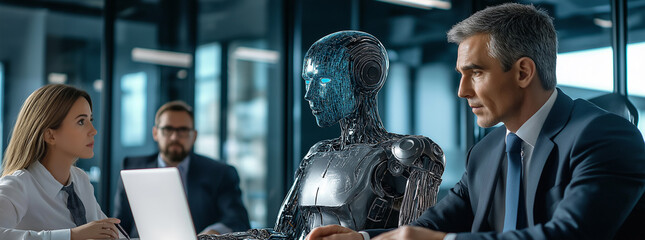 Business meeting with a humanoid robot assistant, Cloud, big data and automation Futuristic in Industry