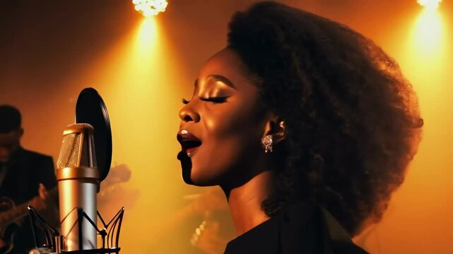 Close-up of a talented black female vocalist delivers a stunning jazz performance, the rich vocal abilities of a young singer in a cozy, dimly lit venue