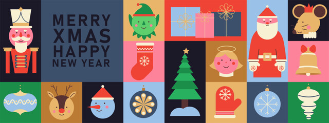 Christmas and New Year design elements in modern minimalist geometric style. Bright colorful vector illustration in flat cartoon style.  Cute holiday characters, decoration, gifts, trees, baubles.