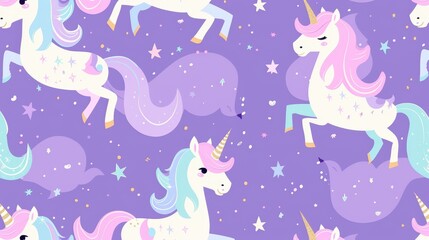 Whimsical unicorns frolic among stars and pastel swirls on a lilac backdrop