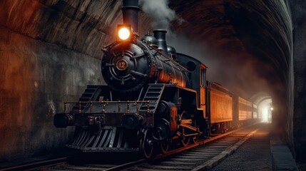 Fototapeta premium Steam Train Emerging from Tunnel
