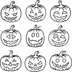 Cute hand drawn line art Halloween pumpkin vector set