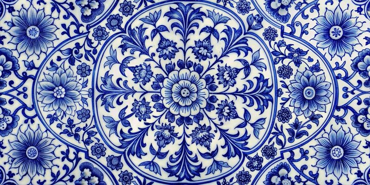Traditional blue and white Yuan Dynasty porcelain pattern with intricate floral motifs and geometric shapes