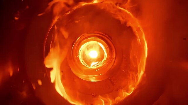 Up close and personal with the fiery inferno of a turbojets combustion chamber glowing red and pulsating with energy.