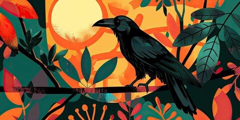 Fototapeta premium Black raven perched on a branch with orange leaves.
