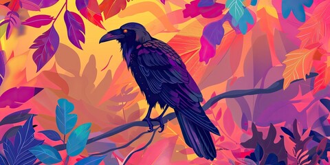 Fototapeta premium A black raven perched on a branch surrounded by colorful