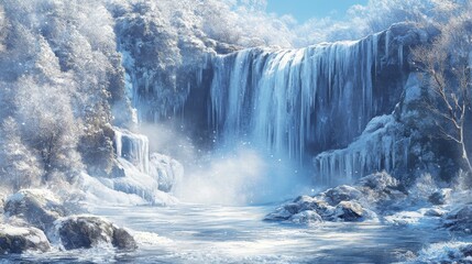 Frozen Waterfall and Winter Landscape