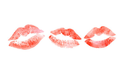 Lipstick kisses collection, watercolors painted lips on a white background