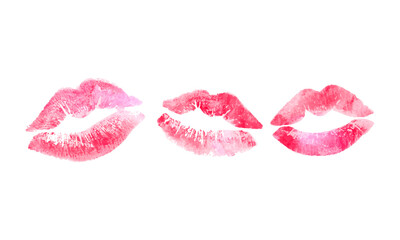 Lipstick kisses collection, watercolors painted lips on white background