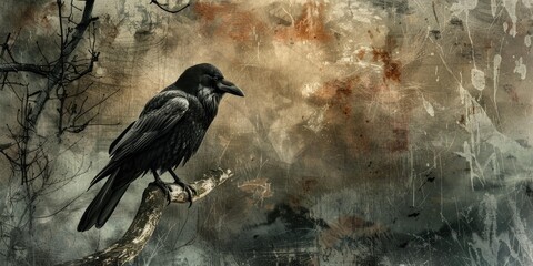 Raven perched on branch, weathered background.