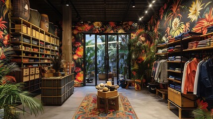A boutique store with bamboo wallpaper in vibrant colors for a lively and unique atmosphere
