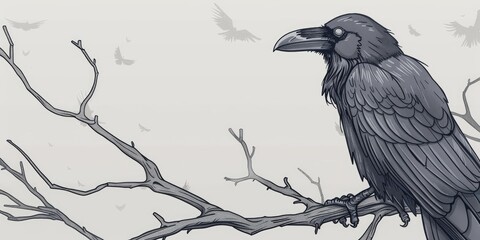 Fototapeta premium A raven perches on a bare branch.