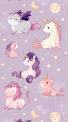 Whimsical illustration featuring various cute unicorns and a dragon unicorn on a lavender backdrop