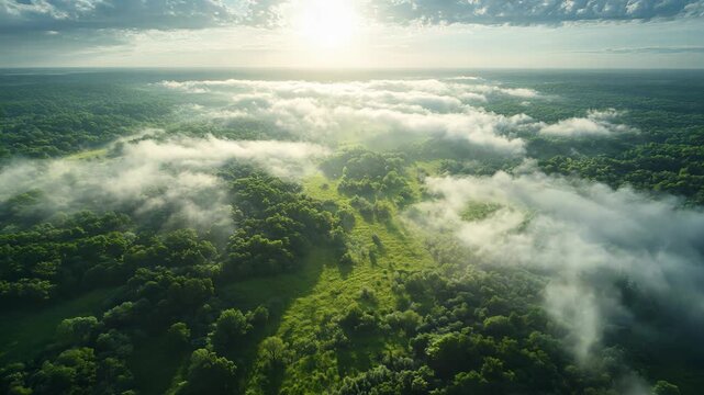 Sunlight bathes a misty forest landscape. Fog swirls between trees, revealing and concealing patches of vibrant green canopy. Vast expanse of lush wilderness stretches to the horizon.	