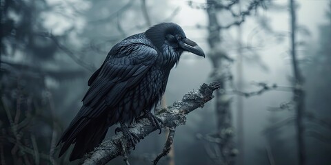 Fototapeta premium A raven perched on a branch in a misty forest.