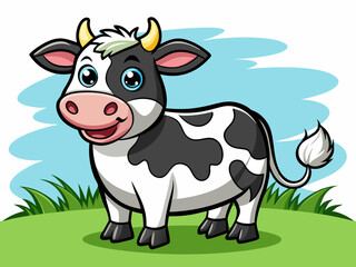 cartoon vector illustration of black and white cow, green field isolated background, countryside life of animals