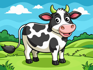 cartoon vector illustration of black and white cow, green field isolated background, countryside life of animals