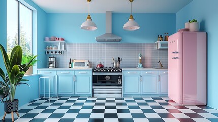 A kitchen featuring vinyl wallpaper in a retro checkered pattern brings a nostalgic charm to the space