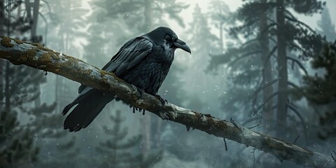 Fototapeta premium Raven perched on branch in a misty forest.