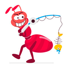 Cartoon style sticker of ant fishing 

