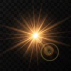 Yellow glowing light burst explosion with transparent. Vector illustration for cool effect decoration with ray sparkles. Bright star. Transparent shine gradient glitter, bright flare. Glare texture.