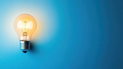 A solitary lightbulb illuminating a blue background with copy space