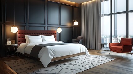 A modern hotel room with Anaglypta wallpaper in a soft neutral palette for a cozy and luxurious stay
