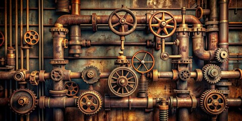 Fototapeta premium Industrial detail of rusty metal pipes and gears , industrial, detail, rusty, metal, pipes, gears, machinery