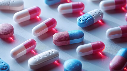 Assorted capsules and tablets arranged on a surface with red backlighting