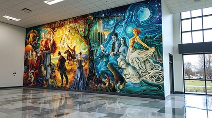 A mural on a library wall showcasing famous literary figures and their iconic works in vibrant colors