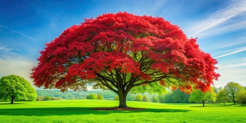 Vibrant red tree filled with fresh green leaves in the springtime , spring, foliage, nature, outdoors, vibrant, red, tree