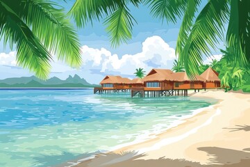 Tropical Beach Scene with Overwater Bungalows and Palm Trees