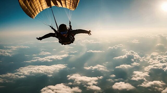 The shadow of a skydiver drops elegantly, leaving a striking impression against the charming sky panorama