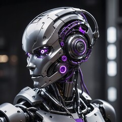 Fototapeta premium Advanced Futuristic Robot Portrait with Sleek Grey Helmet and Glowing Purple Accents