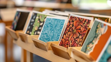 Colorful Greeting Cards on Wooden Stand