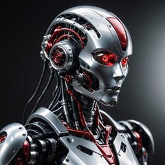 Fototapeta premium Advanced Futuristic Humanoid Robot Portrait with Silver Helmet and Red Accents